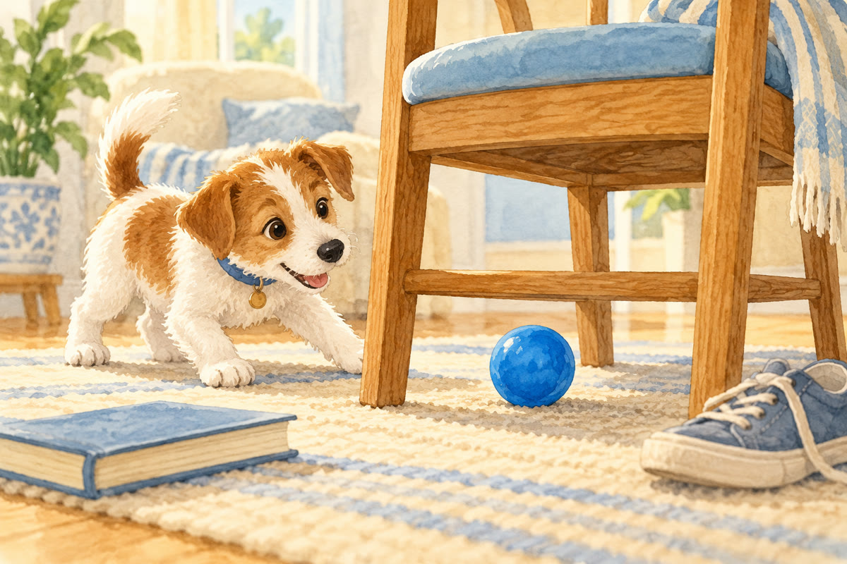 Pip looks at a blue ball under a chair, with a shoe and book nearby.