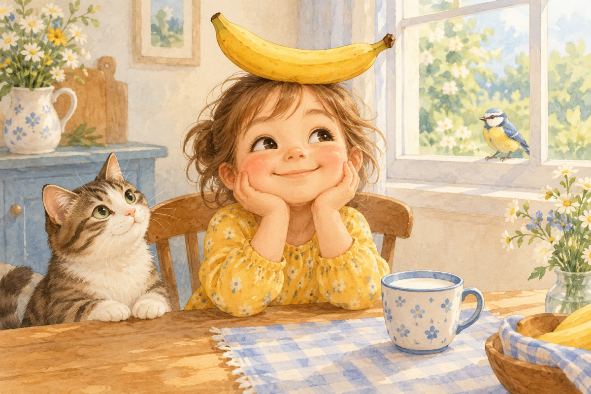 Leo wears a banana as a hat beside Coco the cat; a bird is on the outside windowsill.