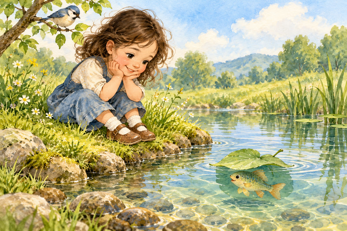 Nina watches a fish swim under a floating green leaf, with a bird on a branch.