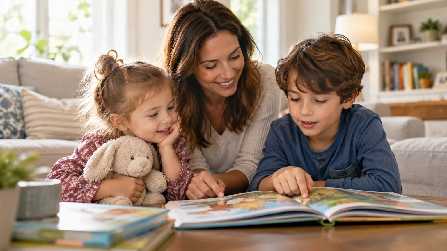 Una madre y dos niños miran juntos un libro ilustrado.