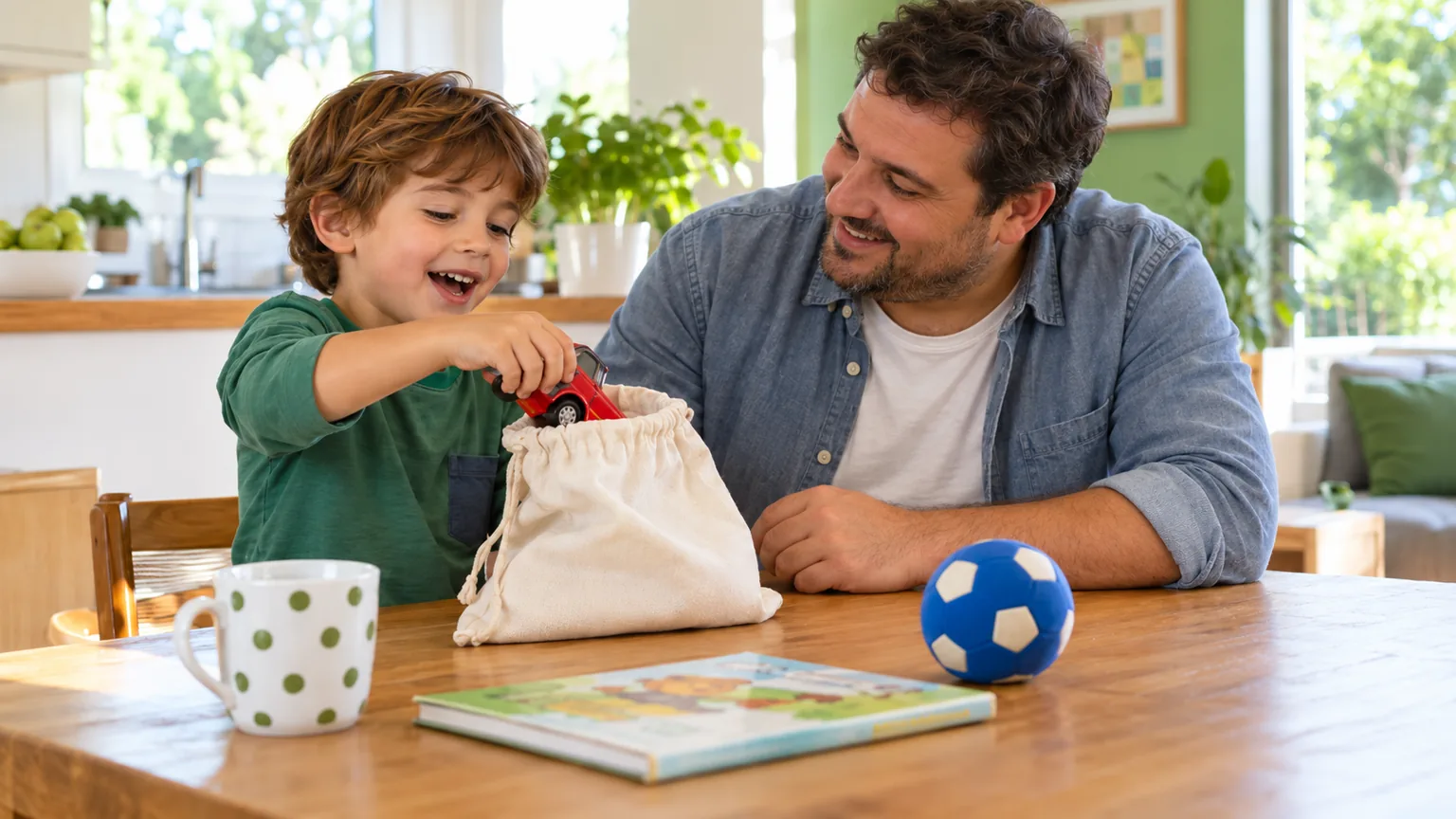 Ein Vater und sein Sohn spielen ein Ratespiel mit einem Stoffbeutel und vertrauten Gegenständen.