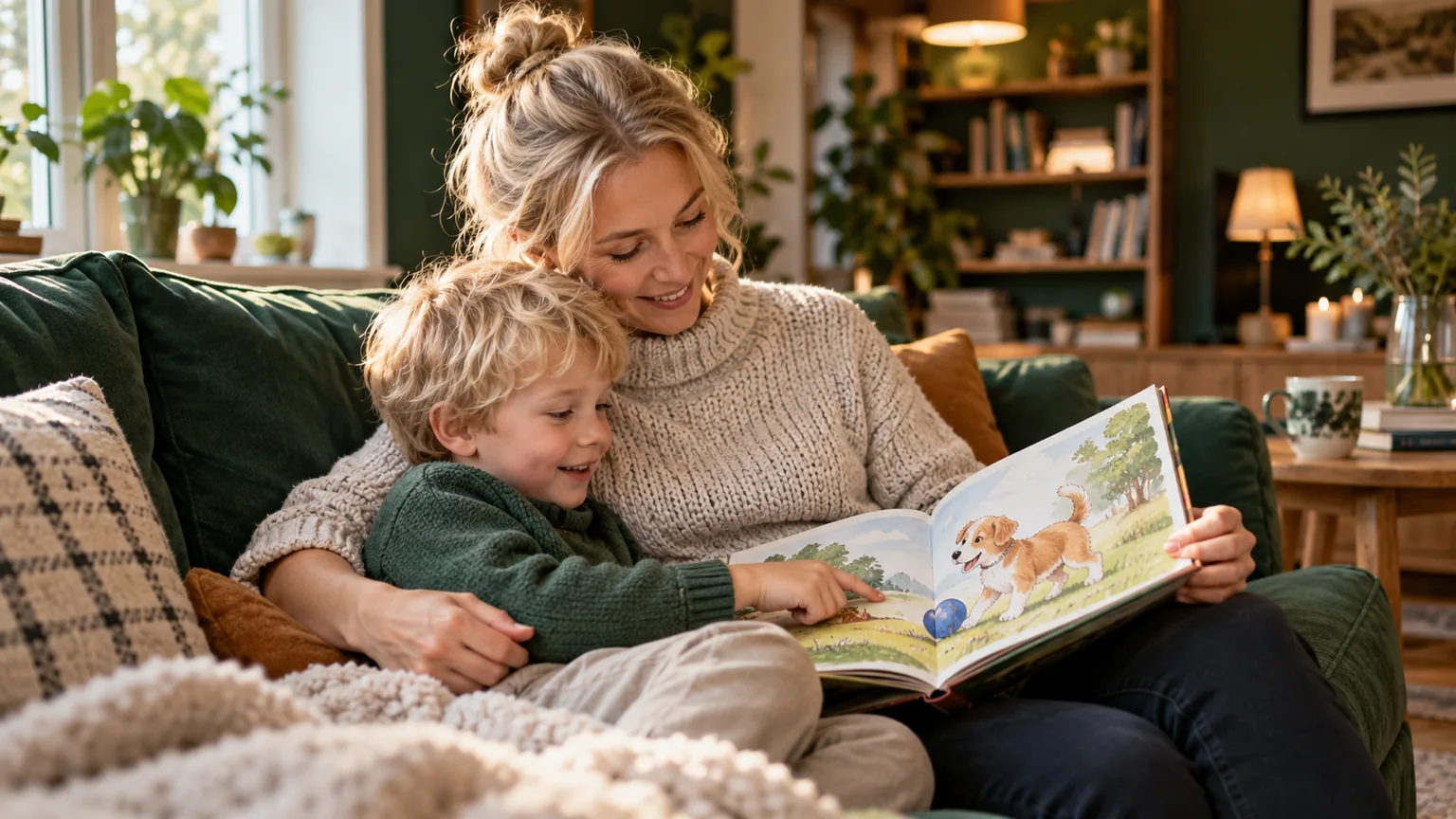 Een moeder en zoon lezen een prentenboek met een hond en een blauwe bal.