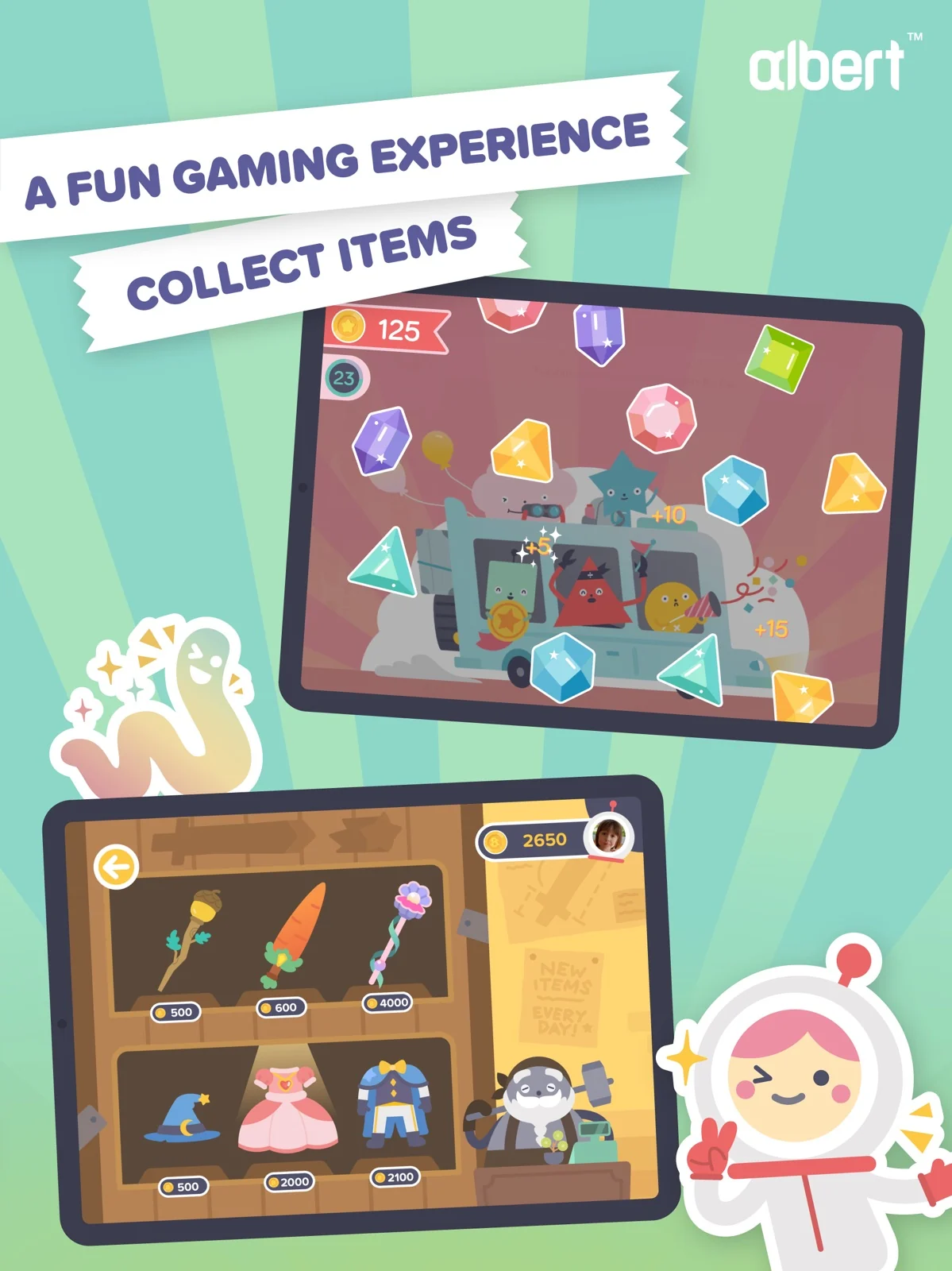 Albert Junior App Store image showing a character in two game scenes with collectible items.