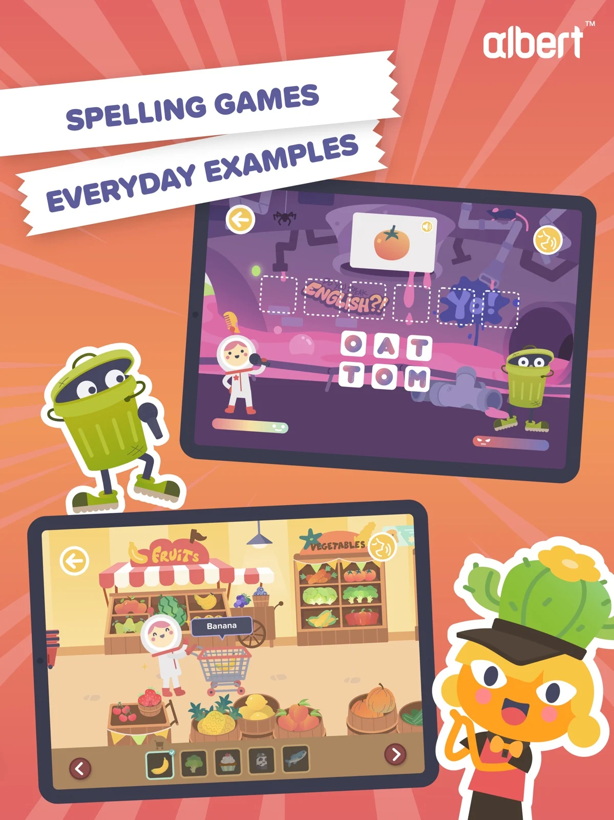 Albert Junior App Store image showing an alphabet activity and words around a shop scene.