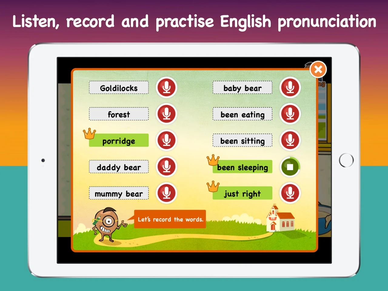 British Council Playtime App Store image showing word prompts with recording and playback controls.