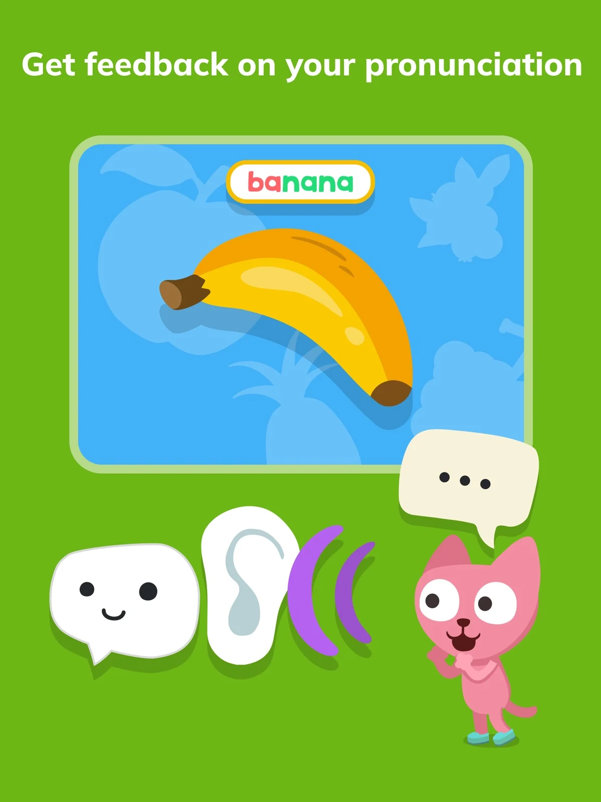 Studycat App Store image showing a banana speaking activity and a voice waveform.