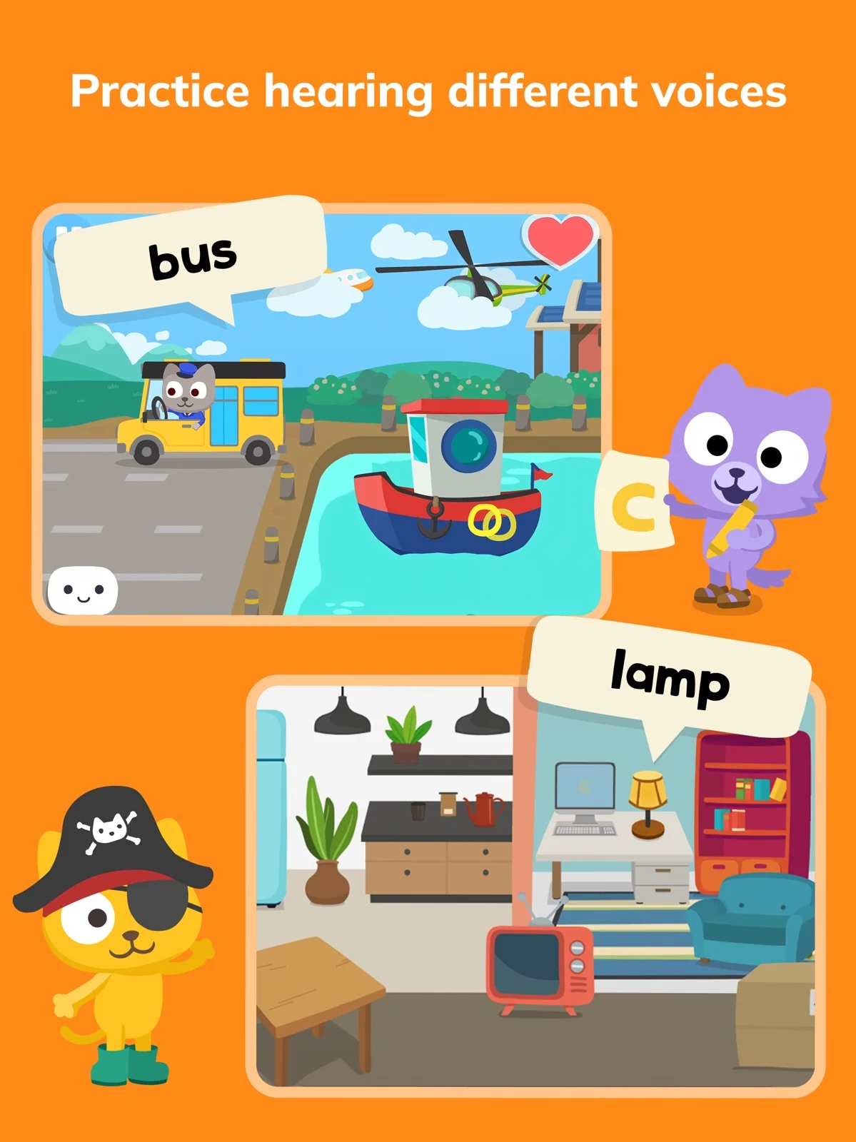 Studycat App Store image showing illustrated scenes with the words bus and lamp.
