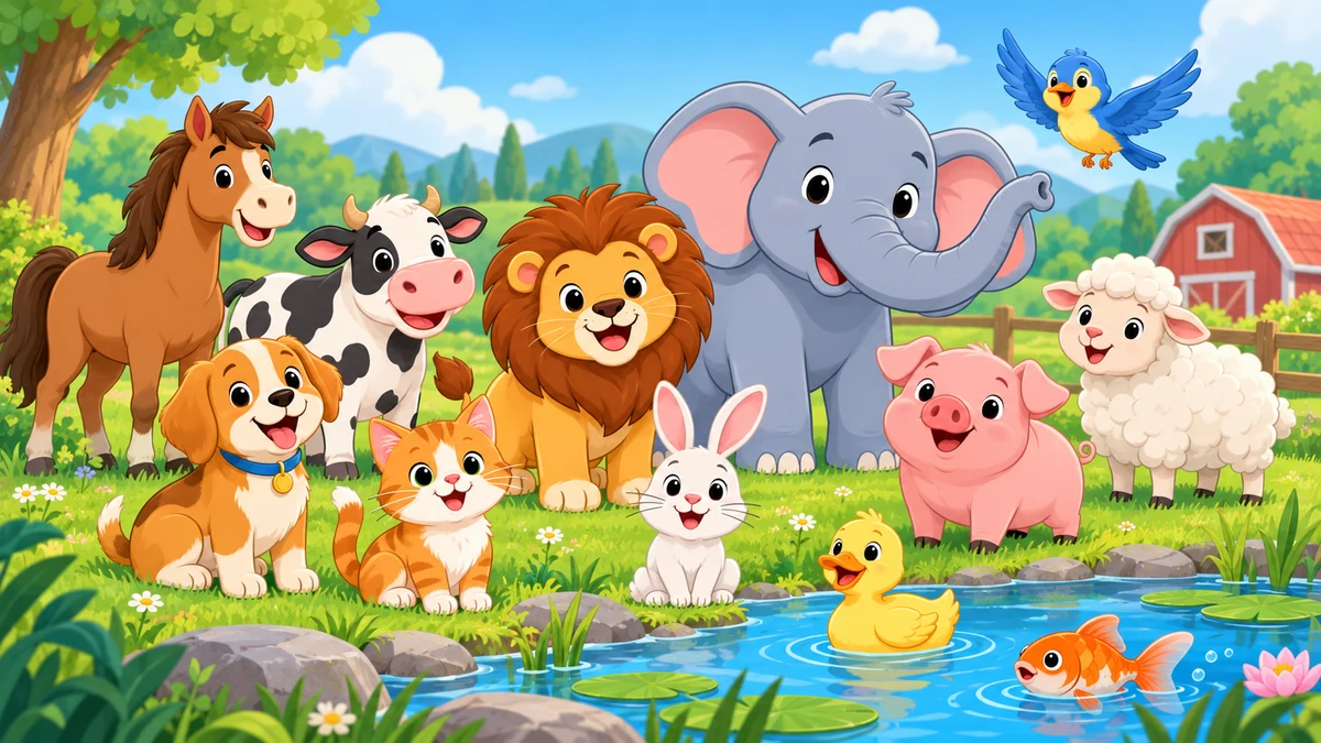 Pets, farm animals and wild animals in an illustrated landscape