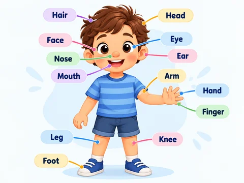 A boy with English labels for thirteen body parts