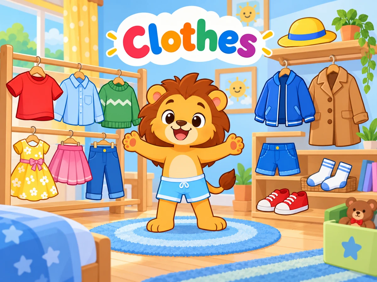 A lion choosing from a wardrobe of clothes