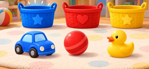 Blue, red and yellow toys with matching colored baskets