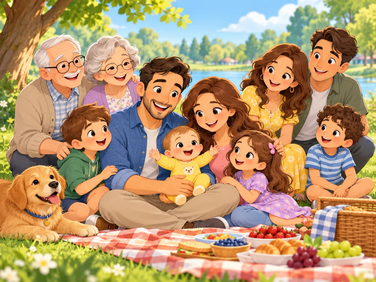 An extended family sharing a picnic