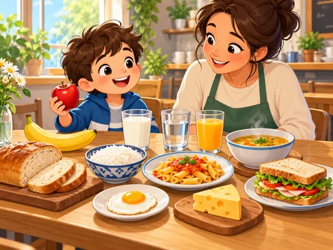 A child and parent at a table with food and drinks