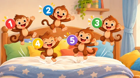 Five monkeys holding the numbers one to five while jumping on a bed